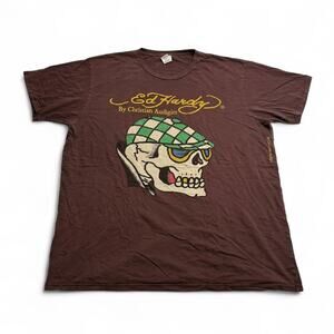 Ed Hardy Skull Graphic Brown T Shirt Christian Audigier Mens XXL